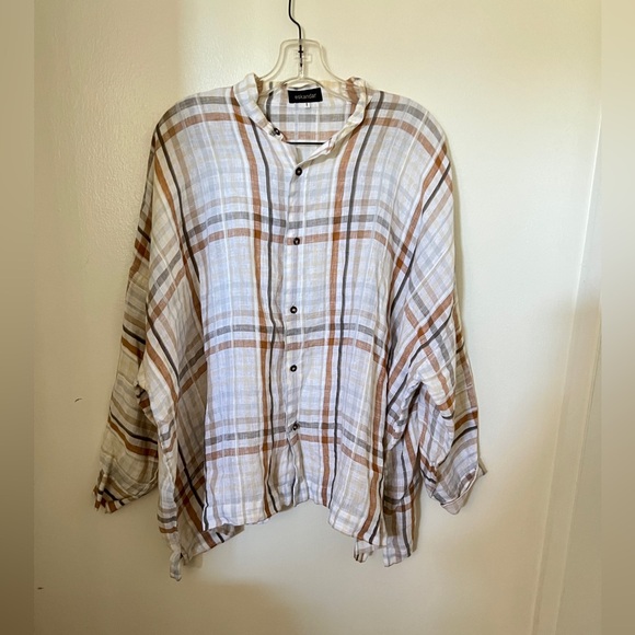 Eskandar 1 O/S  Golden Neutral Gauze Linen Plaid Boxy Mandarin Top Lagenlook - Picture 1 of 5